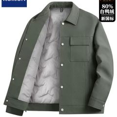 罗蒙轻薄羽绒服男士外套秋冬季新款潮牌工装帅气短款翻领休闲夹克 豆绿 M 100-120斤
